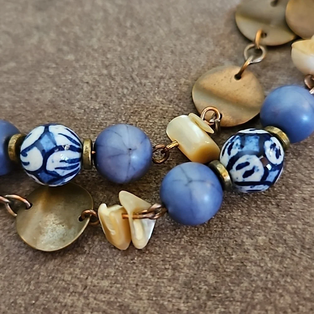 VTG Coldwater Creek Ceramic Shell Bronze Disc Beaded Chain Long Necklace - Picture 8 of 9